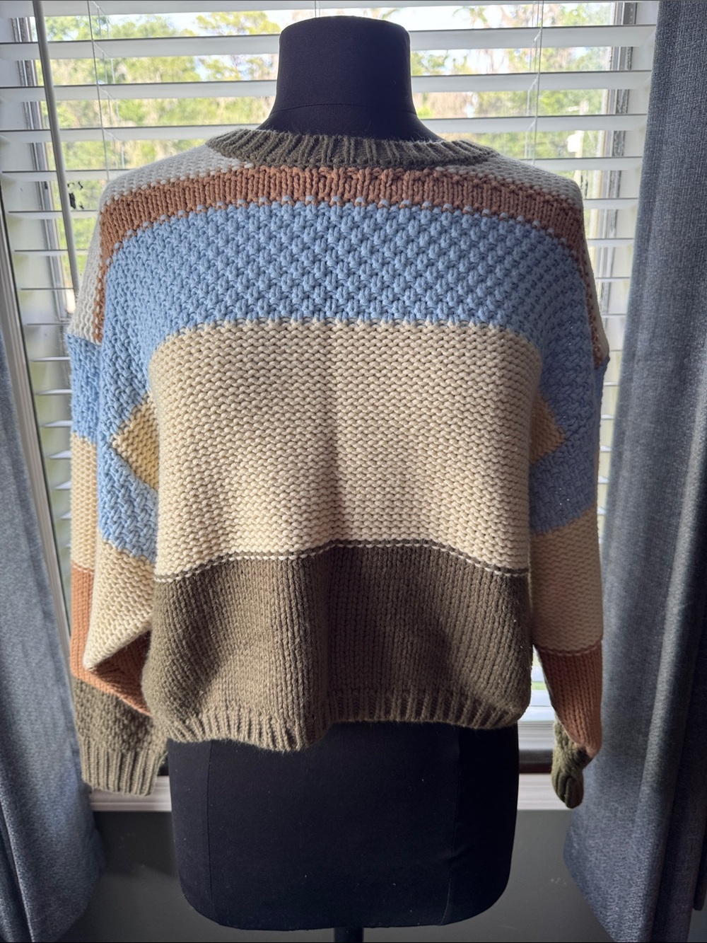 Chunky Colorblock Knit Sweater - Cream, Blue & Brown